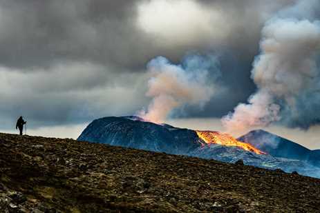Lone hiker near the Iceland volcano