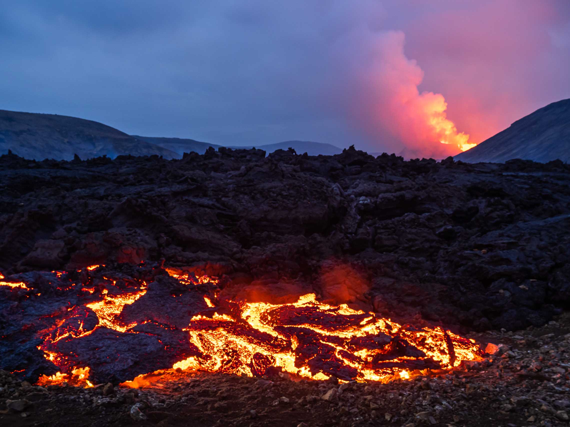 Bright fiery pools near the Iceland volcano